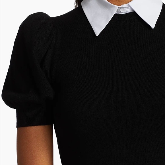 Alice + Olivia Black Puff Sleeve Top with White Collar - Picture 3 of 15